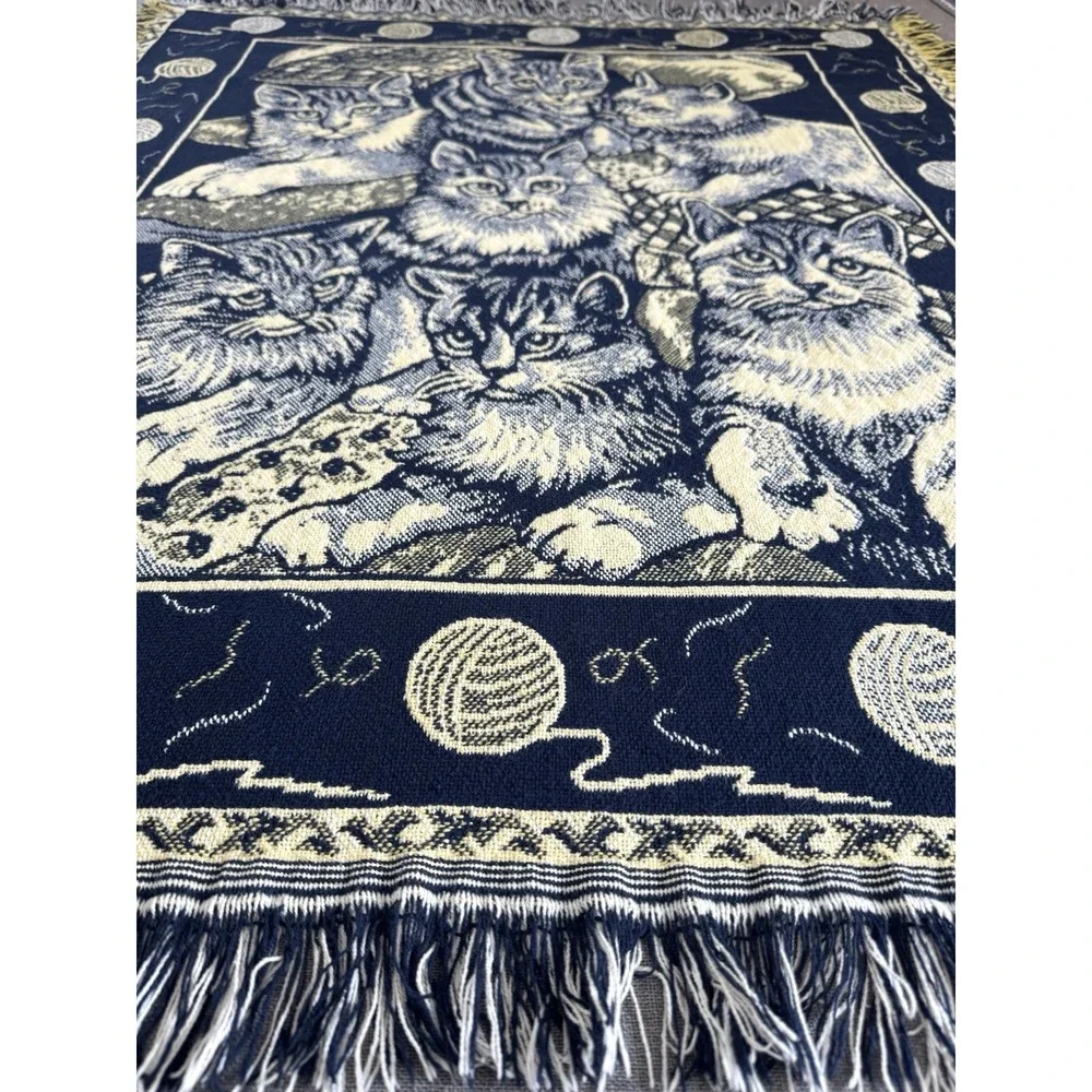 Vintage Woven Cat Kittens Throw Blanket Fringe Navy Cream 43x54 Tapestry Cottage - Picture 7 of 14